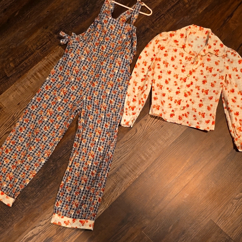 Floral Blue Jumpsuit and shirt, handmade of vintage fabric, girls sz 10,unique